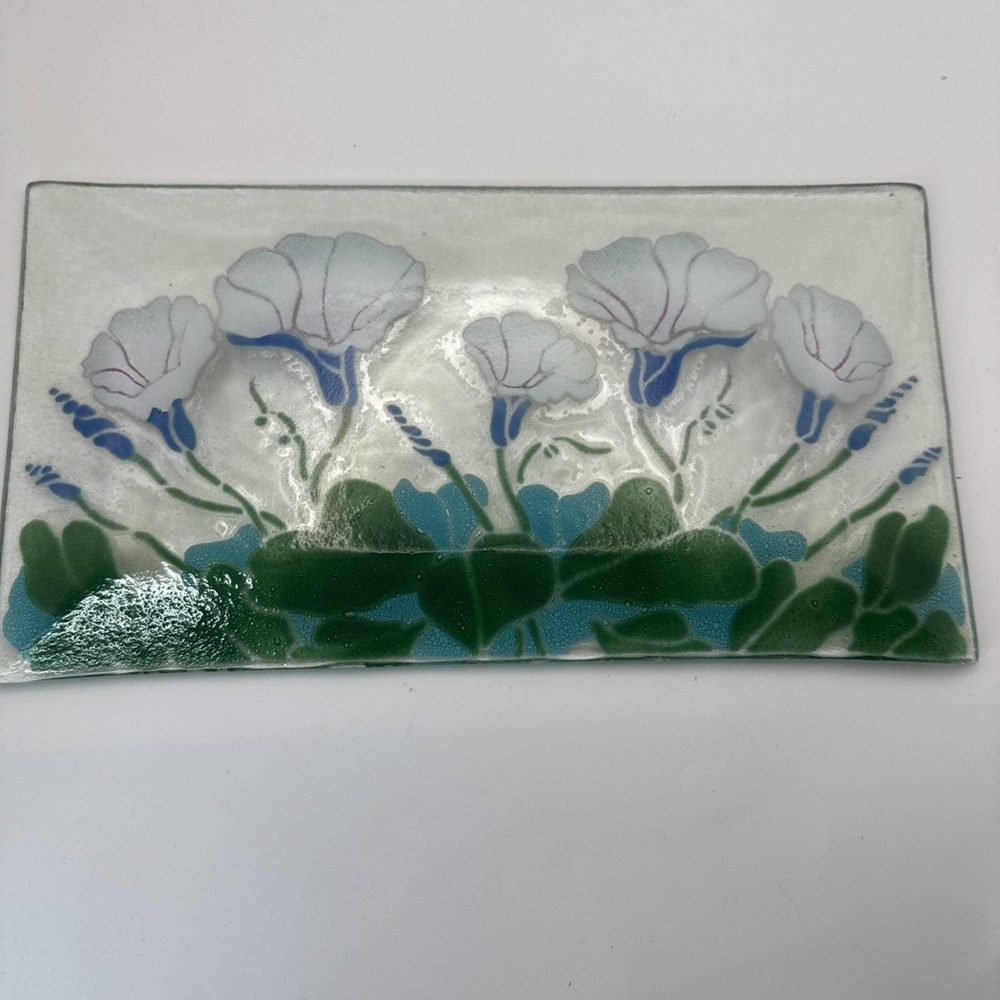 Rectangular Fused Art Glass Morning Glory Serving Tray Platter Plate 11x6‎